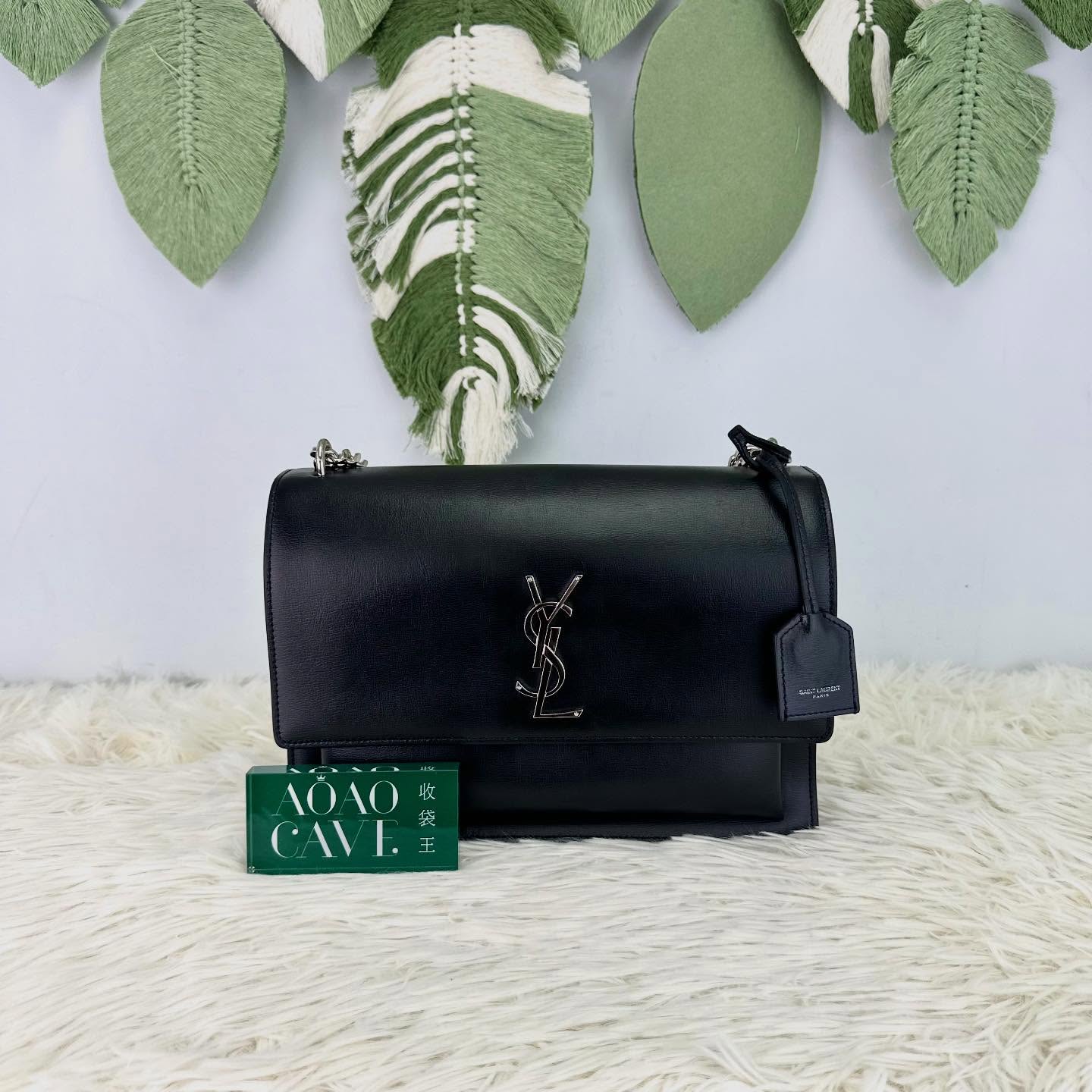 YSL 🤍PRE OWNED SUNSET 黑銀光面牛皮郵差包 Large Size🖤