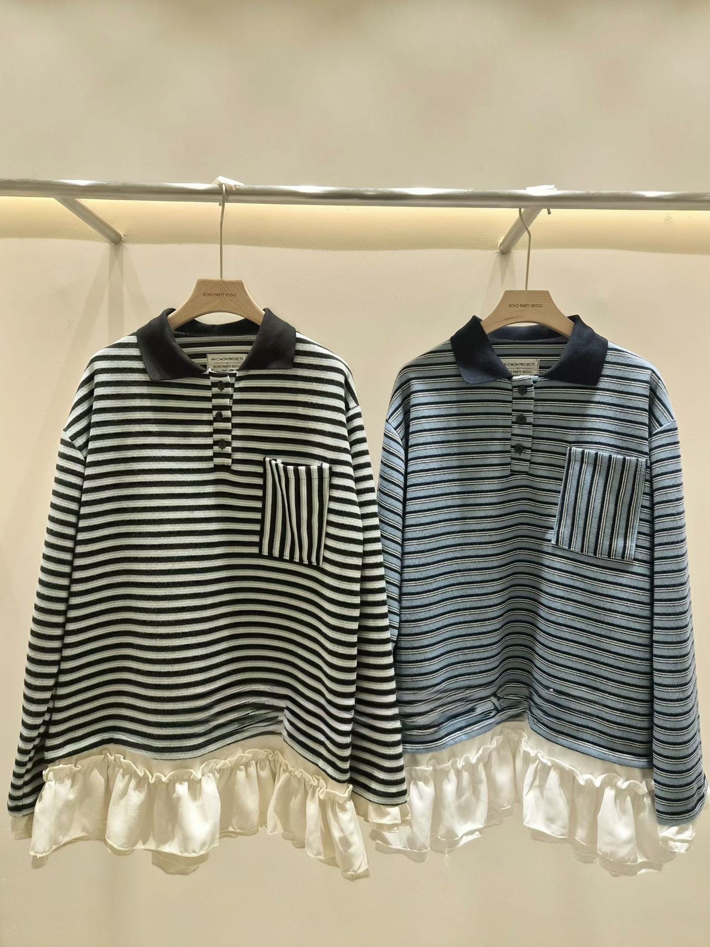 EC22 間仔撞色領拼接荷葉邊Polo OP