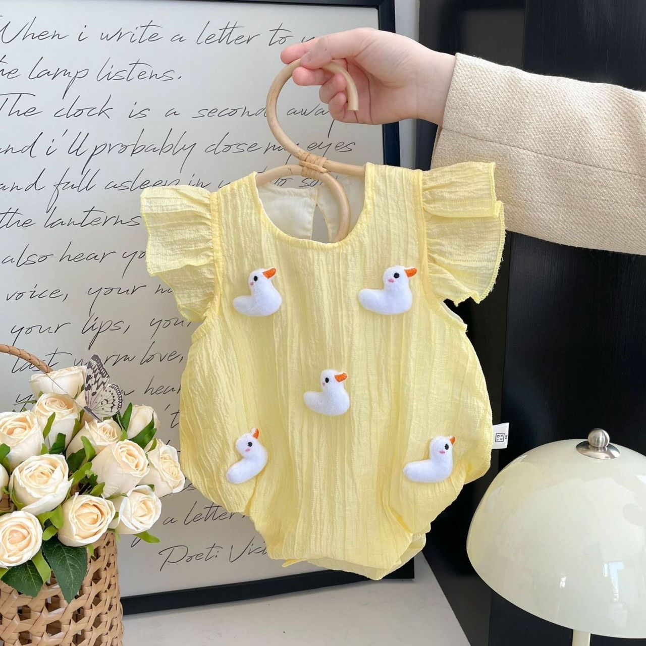 561241Y | Duckling Delight: Baby Girl's Yellow Ruffle Romper with Adorable Duck Appliqués