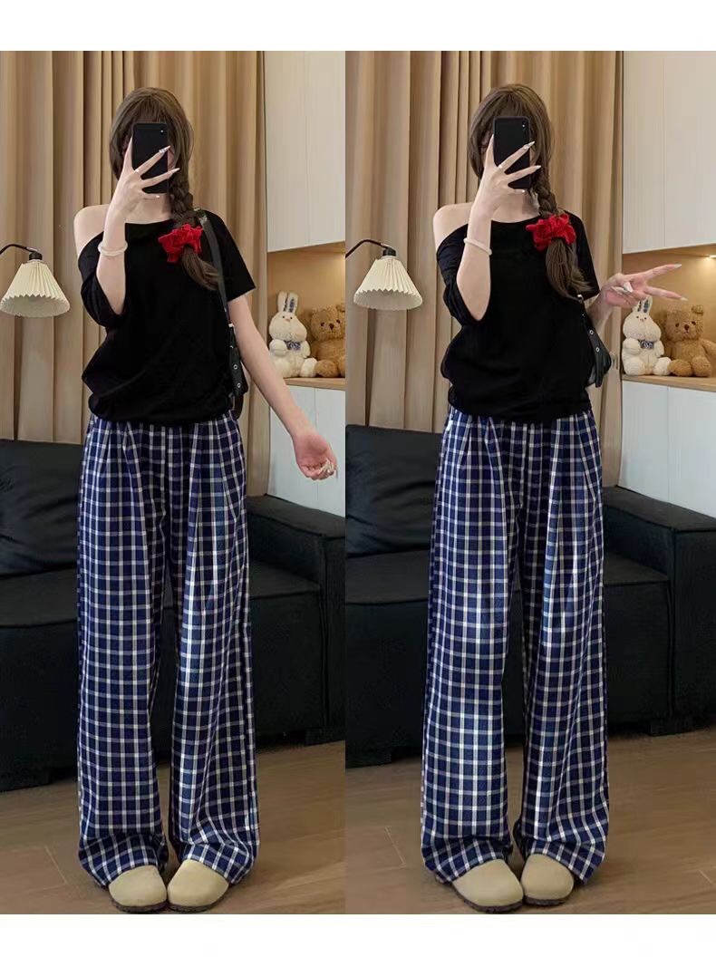 B217(5077) 韩系休闲慵懒风格纹松紧腰蓝直筒长裤