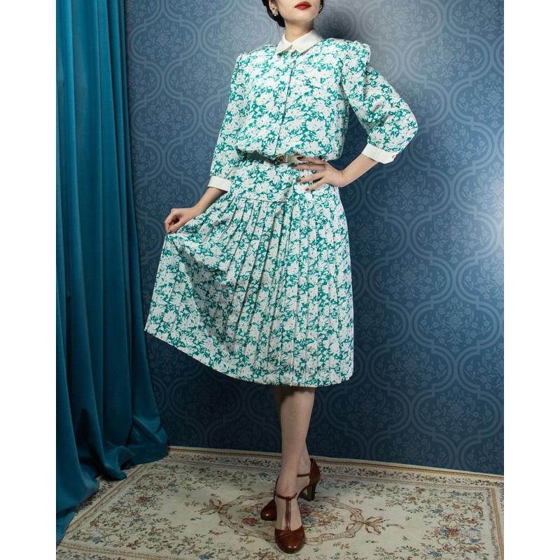 Vintage Lori Ann C.a. 1980s Leafy Pattern Low Waist Pleated Day Dress (MU103-19)