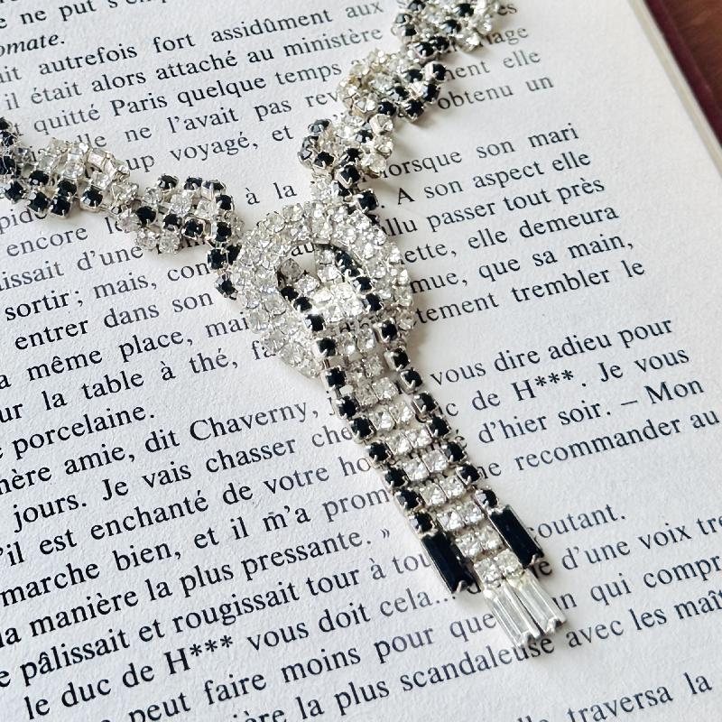 Preview - 1950s European Black & Clear Rhinestone Clip Earrings and Tassel Necklace (MT2263)