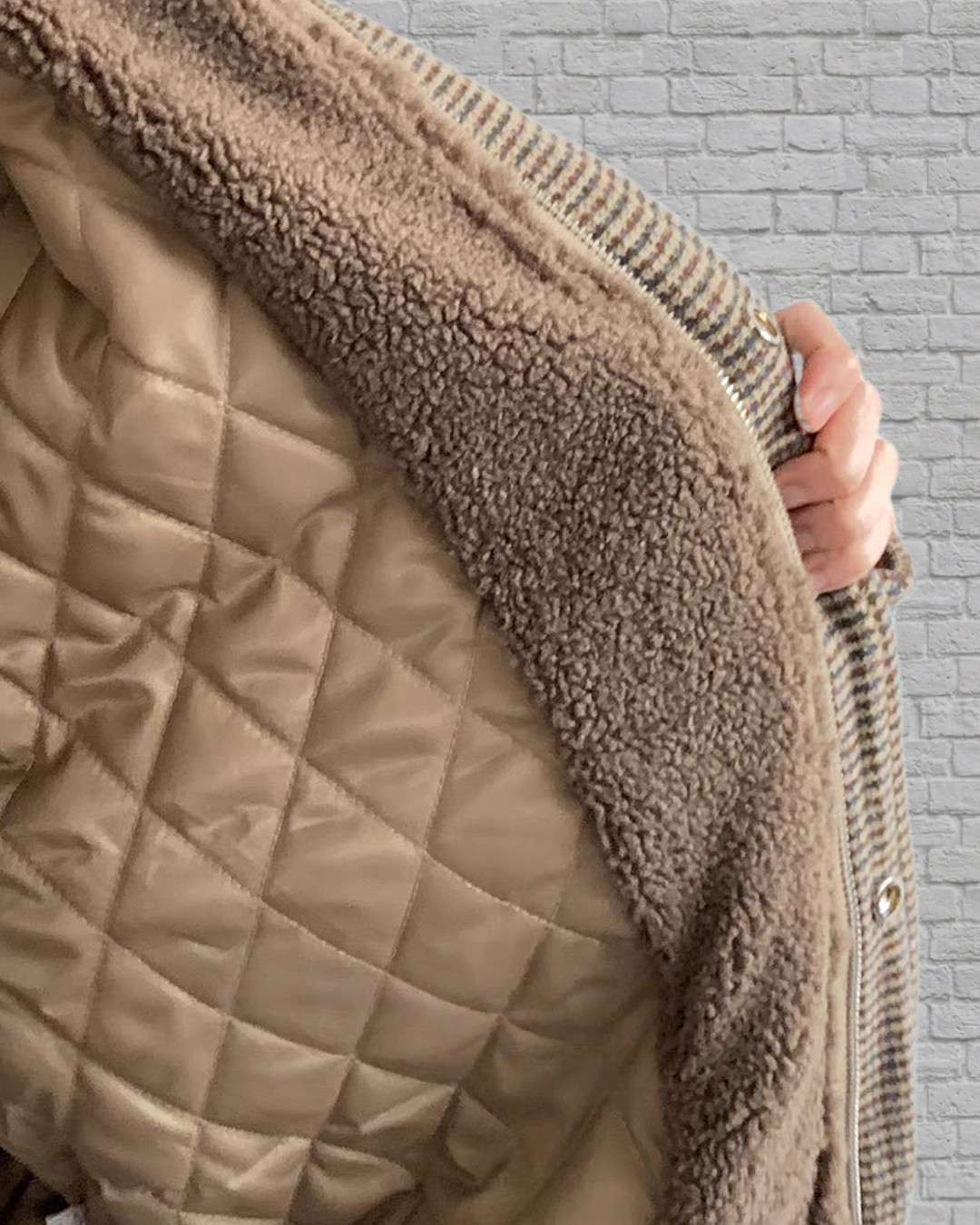 W031千鳥格翻領加厚外套