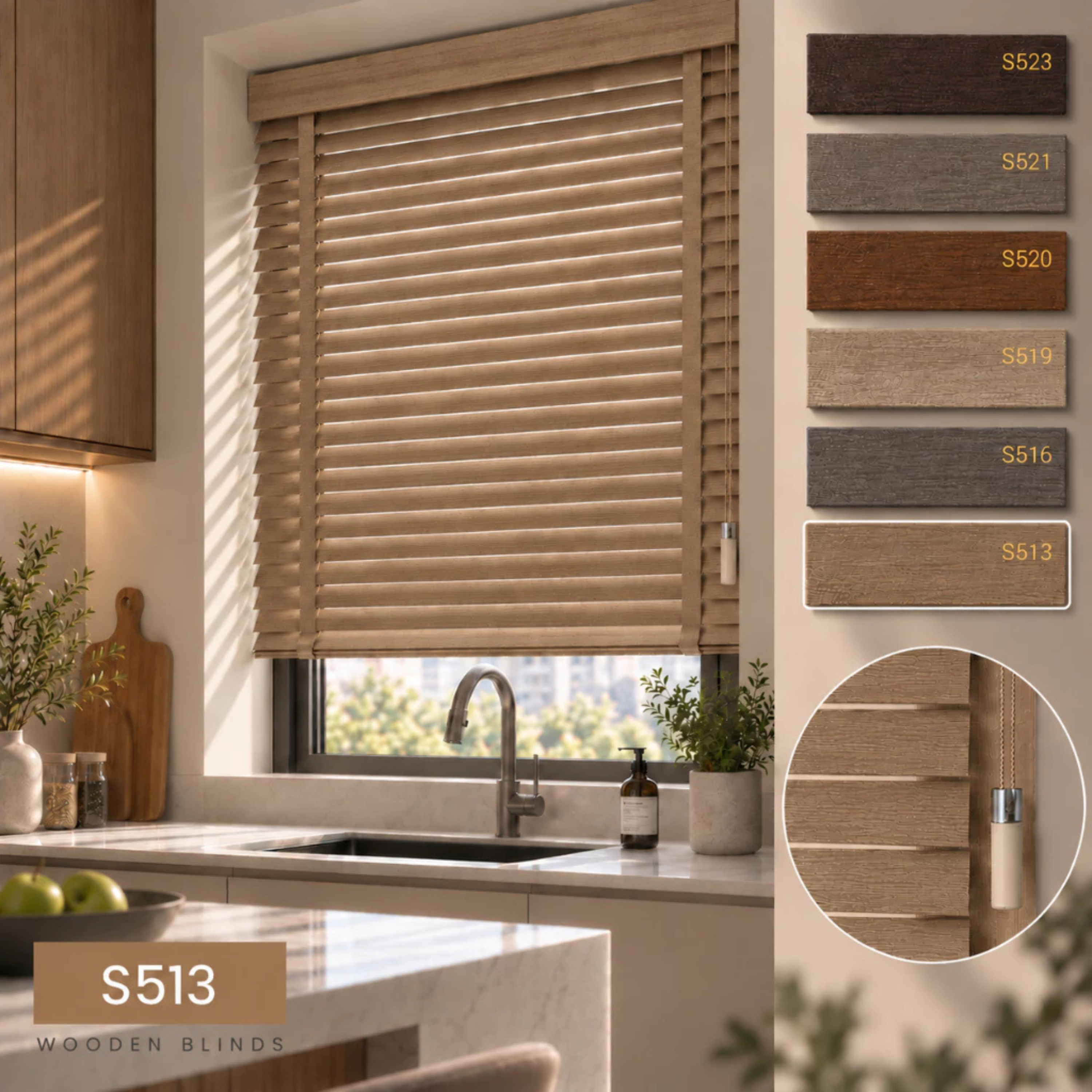 100% Kayu Asli | Bidai Kayu | 50mm Premium Timber Blinds Malaysia | Natural Wood Blinds | Custom Made Window Blinds