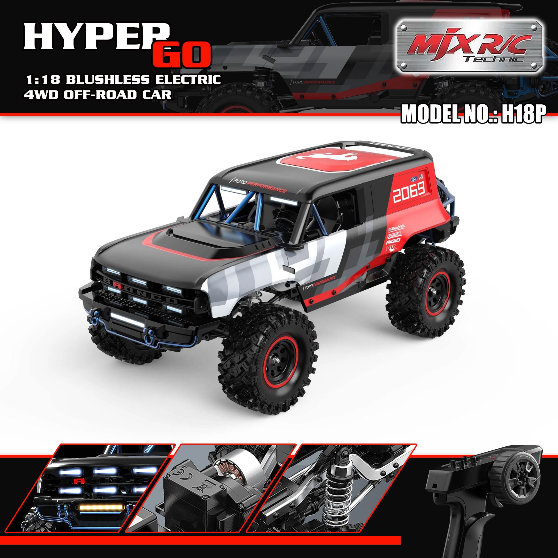 全新 美嘉欣 MJX R/C 1:18 H18P BAJA1000 Ford Bronco R 無刷攀爬車 | 福特授權車殼 | 無刷攀爬車 | 1606 4200KV 無刷馬達 |  DIG 坦克掉頭 | 精美硬殼