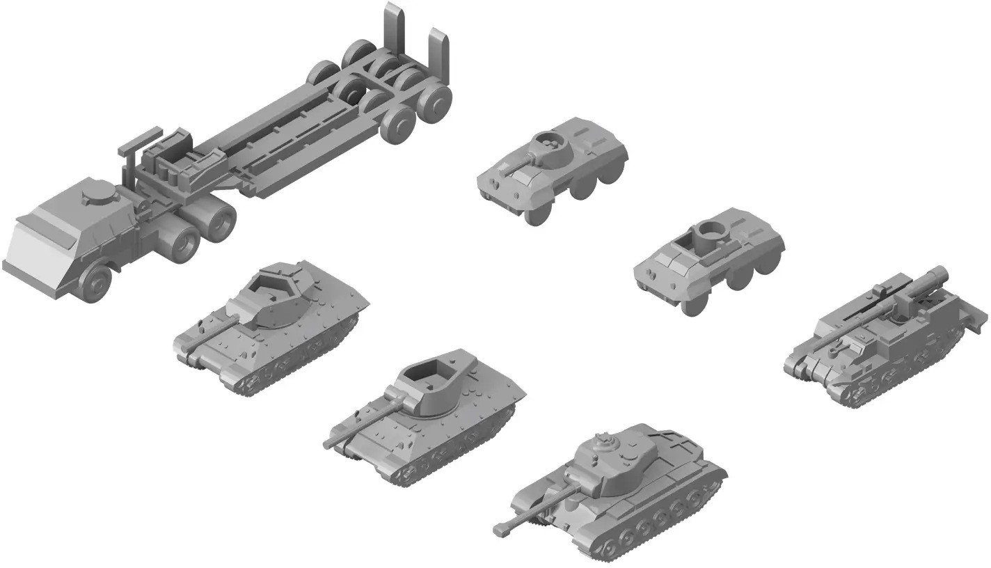 1/700 WWII U.S. Military Vehicle Set 2 [M25 Tank Transporter, M10 Tank Destroyer, M36 Tank Destroyer, M26 Pershing, M8 Greyhound, M20 Armored Car, 155mm Gun Motor Carriage M12]