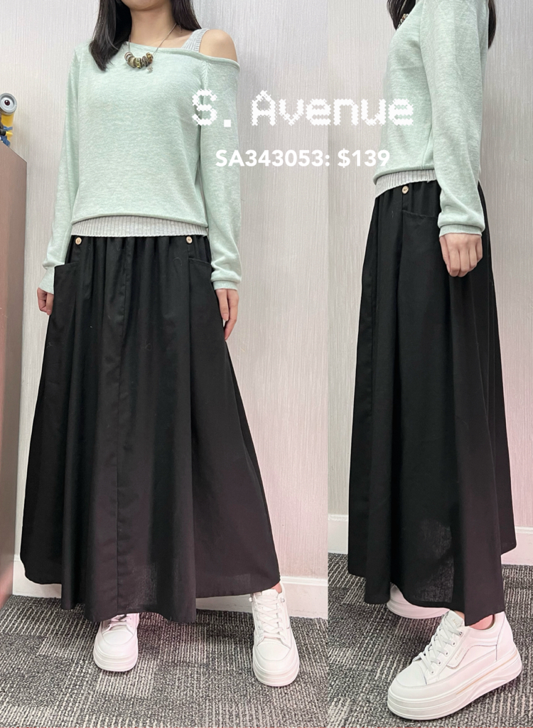 SA343053: 橡筋腰前有鈕雙袋A字裙