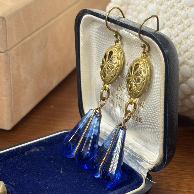 Vintage Recomposed Design with Antique Czechoslovakian Blue Double Glass - Hook Earrings(B053)