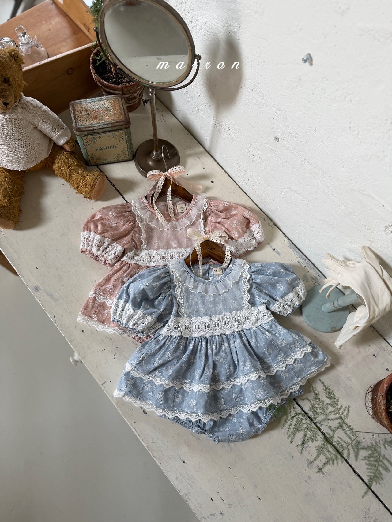 ☀️預訂 韓國直送☀️🇰🇷Marron兩色蕾絲花卉泡泡袖包屁裙