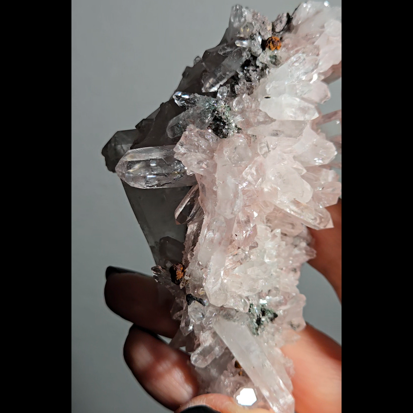 Pink Lemurian quartz cluster with green chlorite inclusions - LQ191