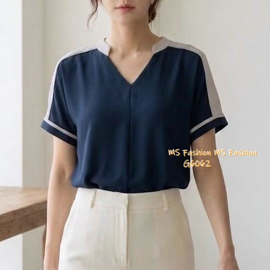 G6062 韓國🇰🇷靚料V領拼色top