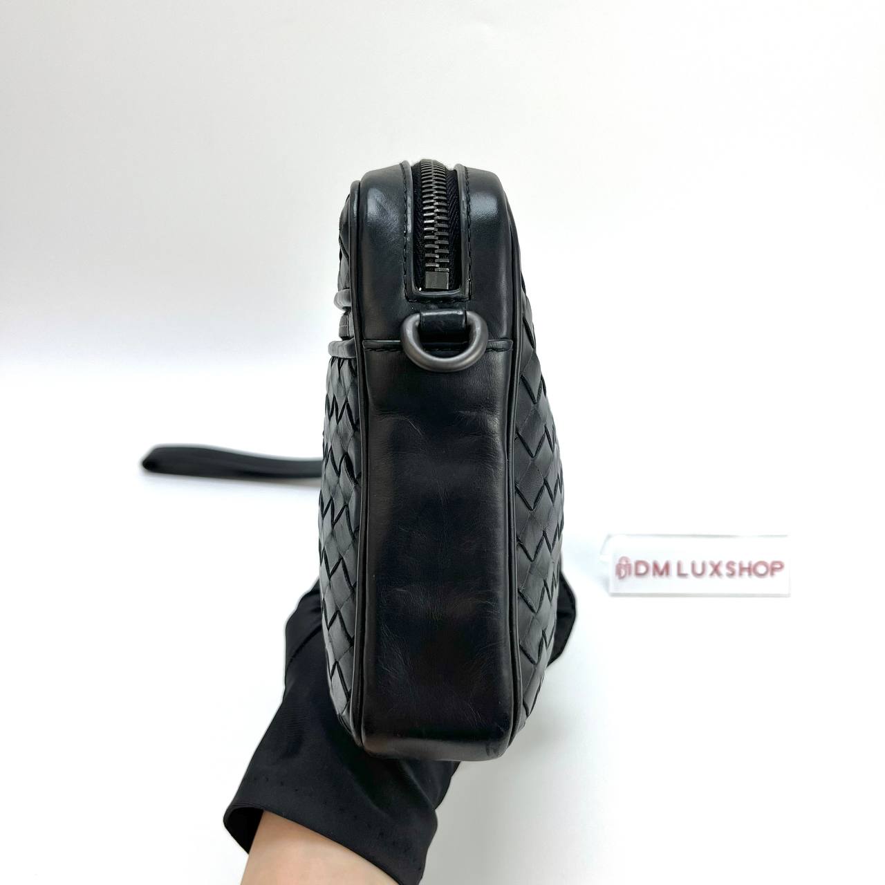 BV Black Intrecciato Woven Clutch w/ Strap