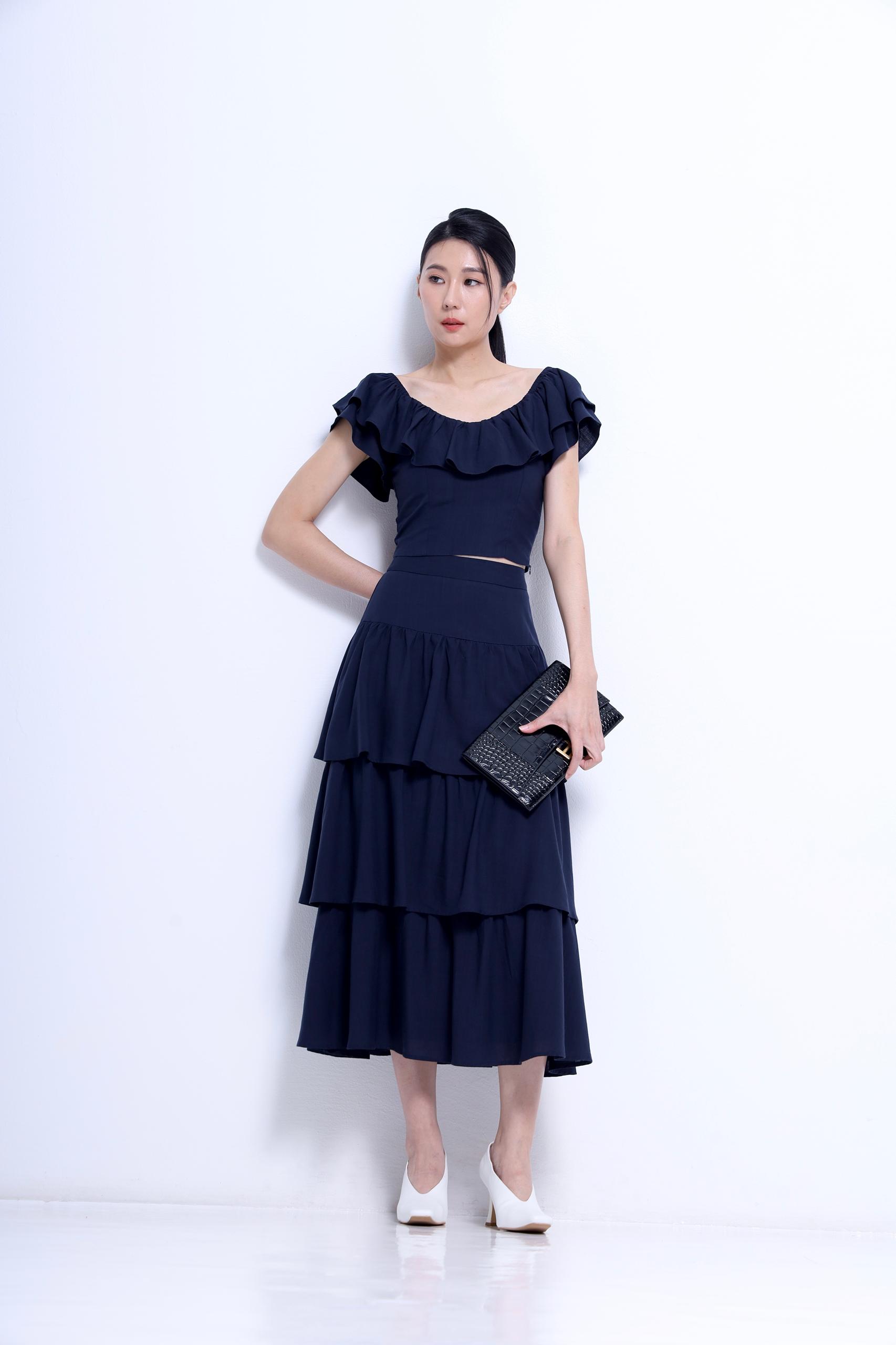 CB2763+CS1433 Ruffle Off-Shoulder Tiered Skirt Set