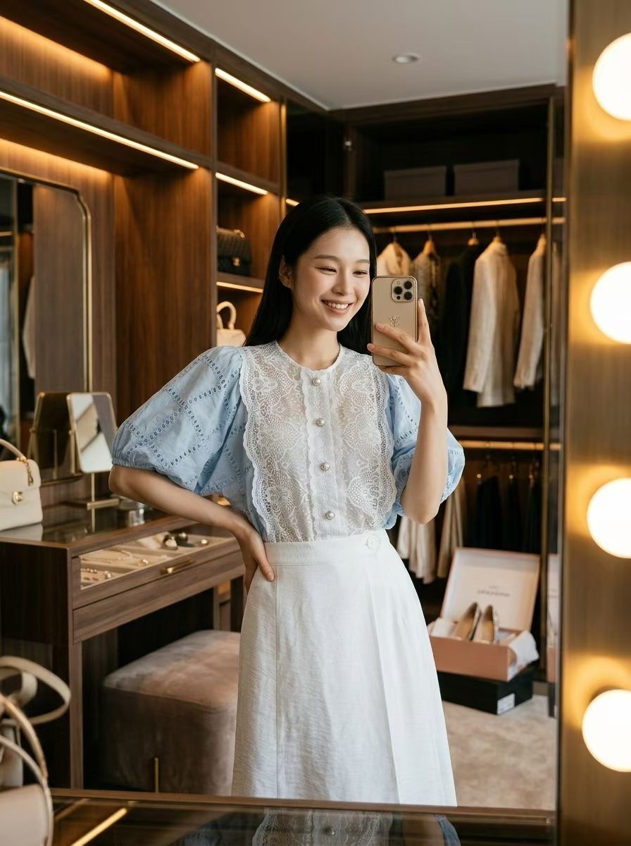 AD3 中間lace 通花泡泡袖Top 