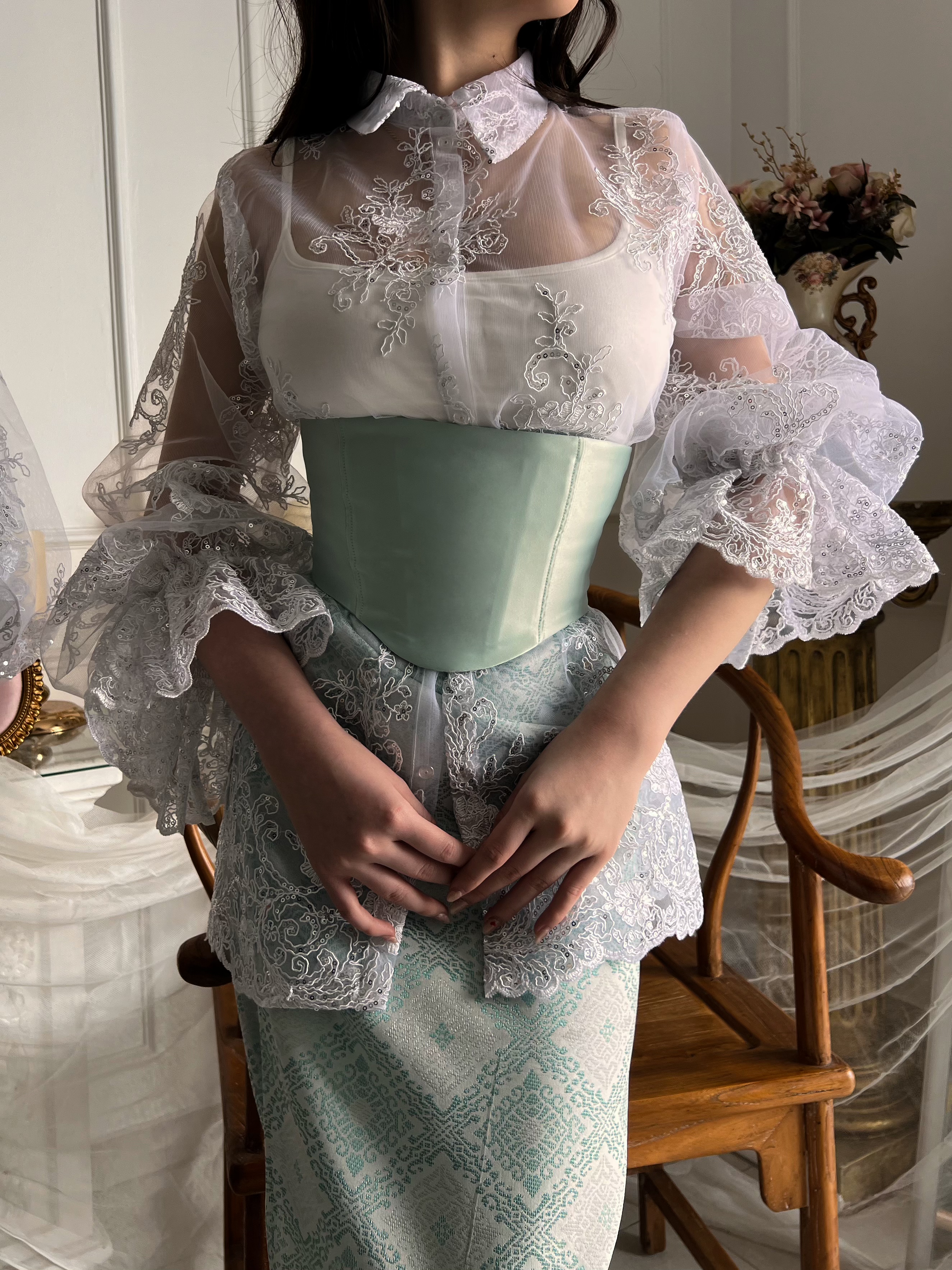 Songket Underbust Corset and Pareo Skirt in Mint Green with Angel Blouse in True White