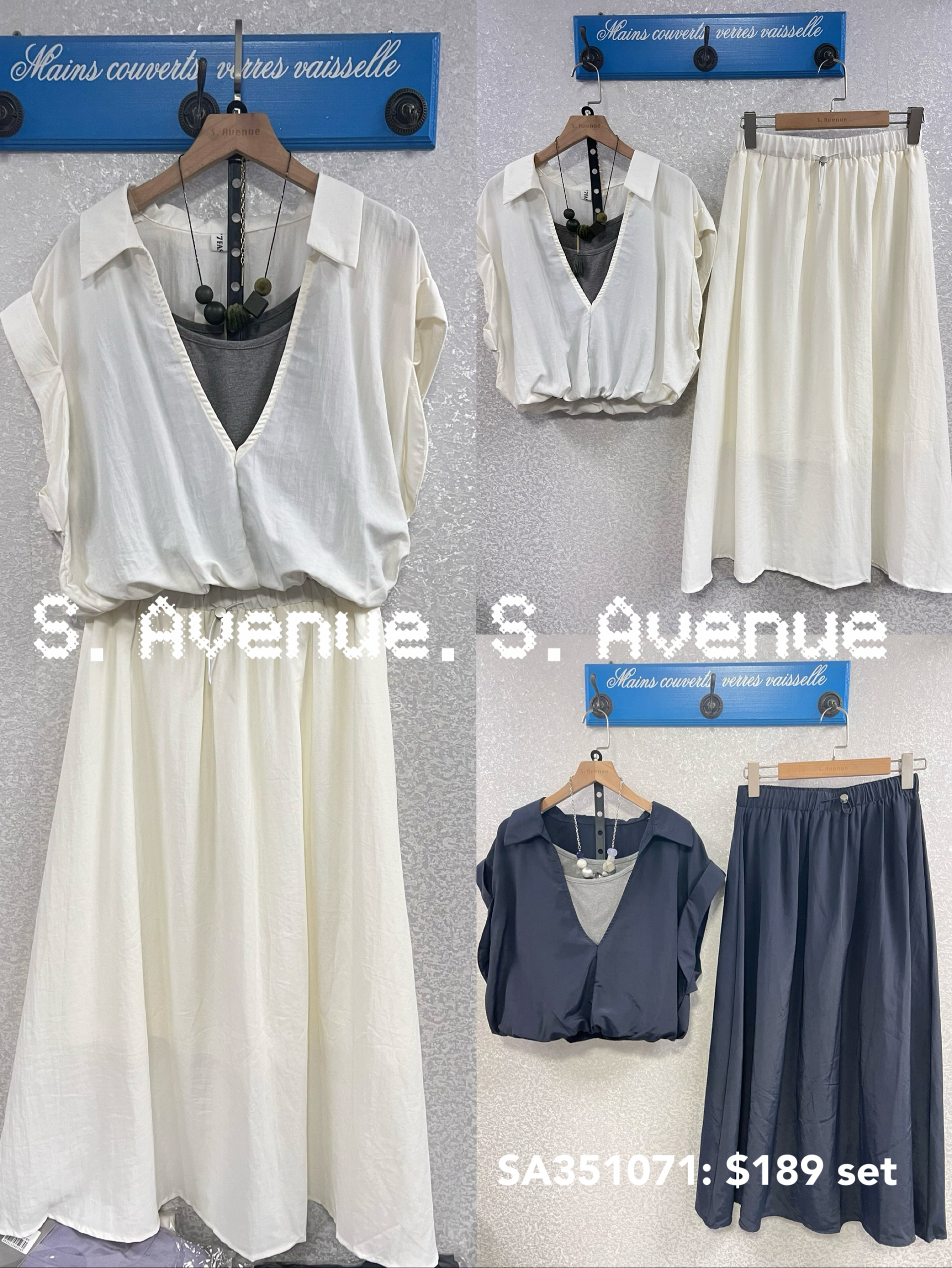 SA351071: 短袖有領假兩件top配橡根腰A字長裙套裝