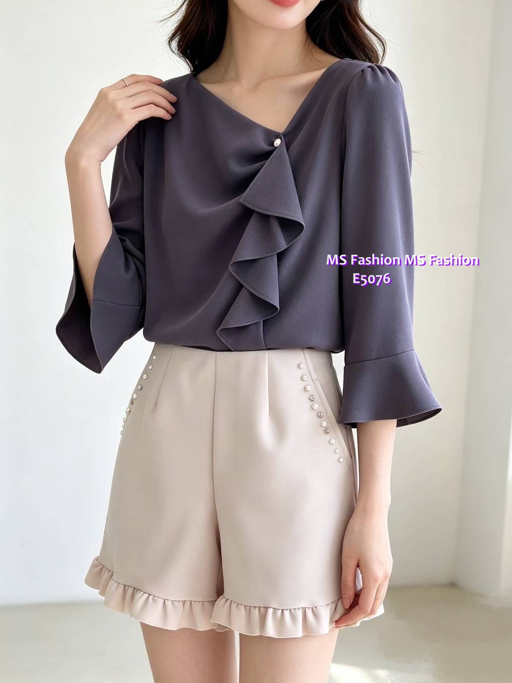 E5076 靚料V領ruffle top