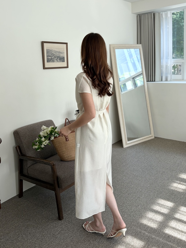 Draped Neck Dress with Inner Slip (Cream)