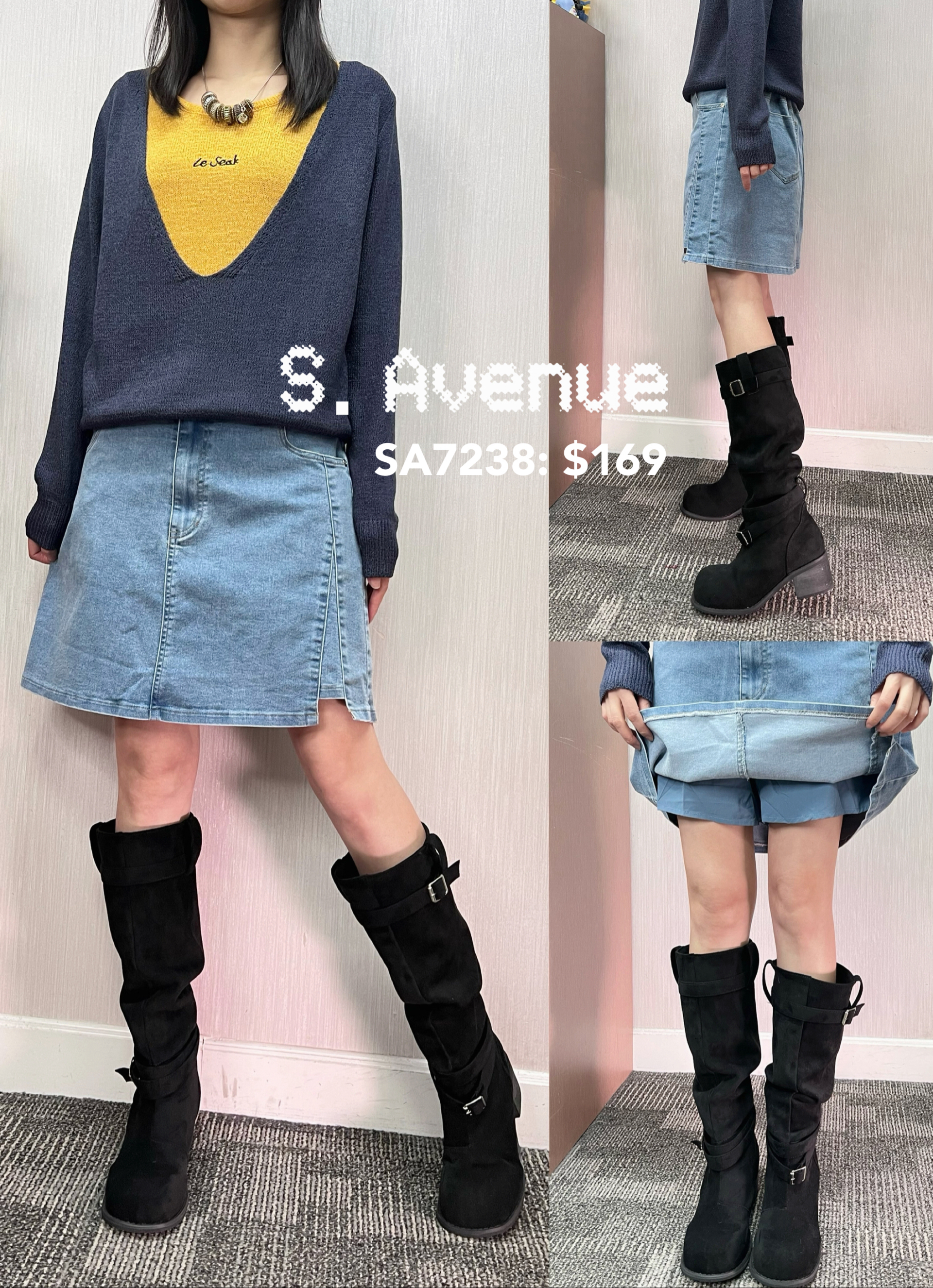 SA7238: 後橡筋腰前有鈕和拉錬假開叉牛仔裙