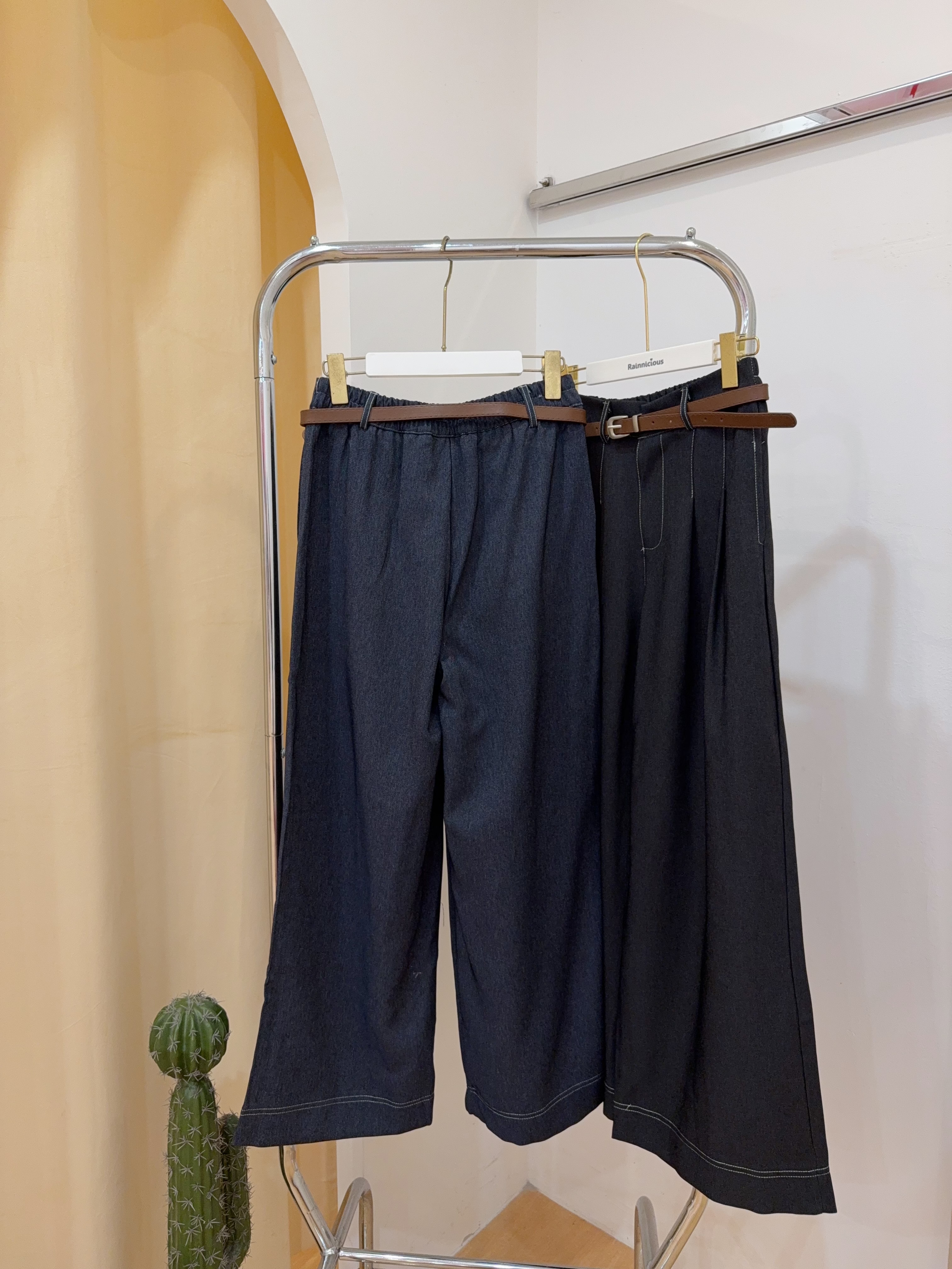 明线天丝牛仔压褶阔腿长裤 R2952