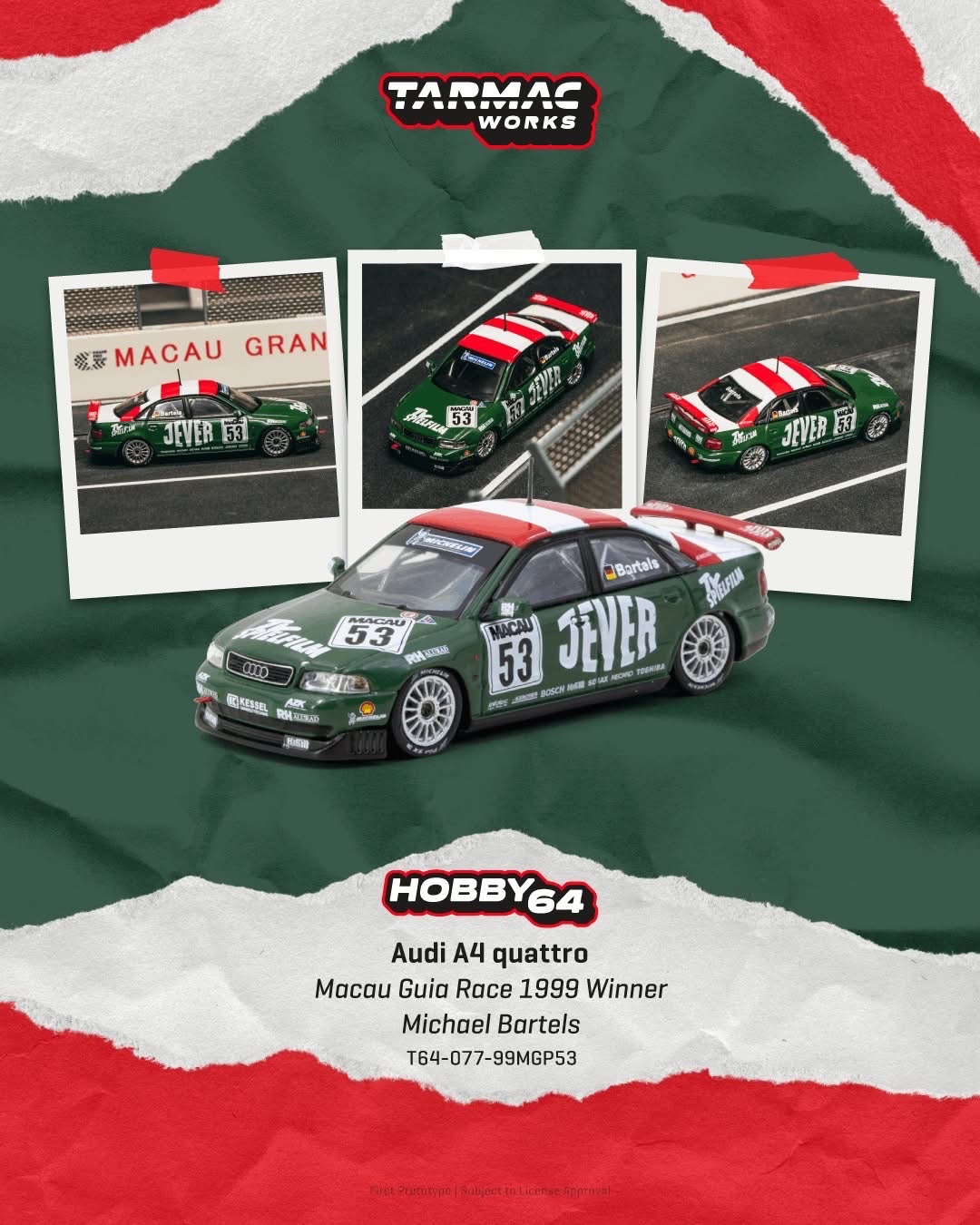 （預訂 Pre Order) Tarmac Works  ( T64-077-99MGP53 ) Audi A4 quattro Macau Guia Race 1999 Winner Michael Bartels