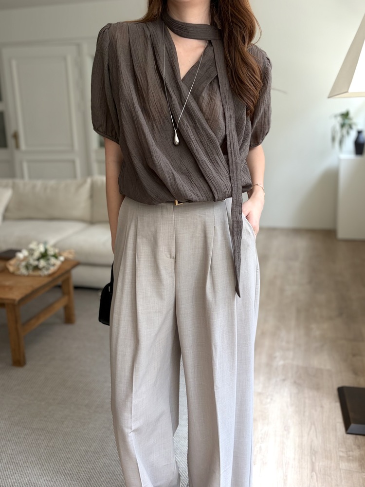 Louise Wrap Blouse with Tie (Brown)