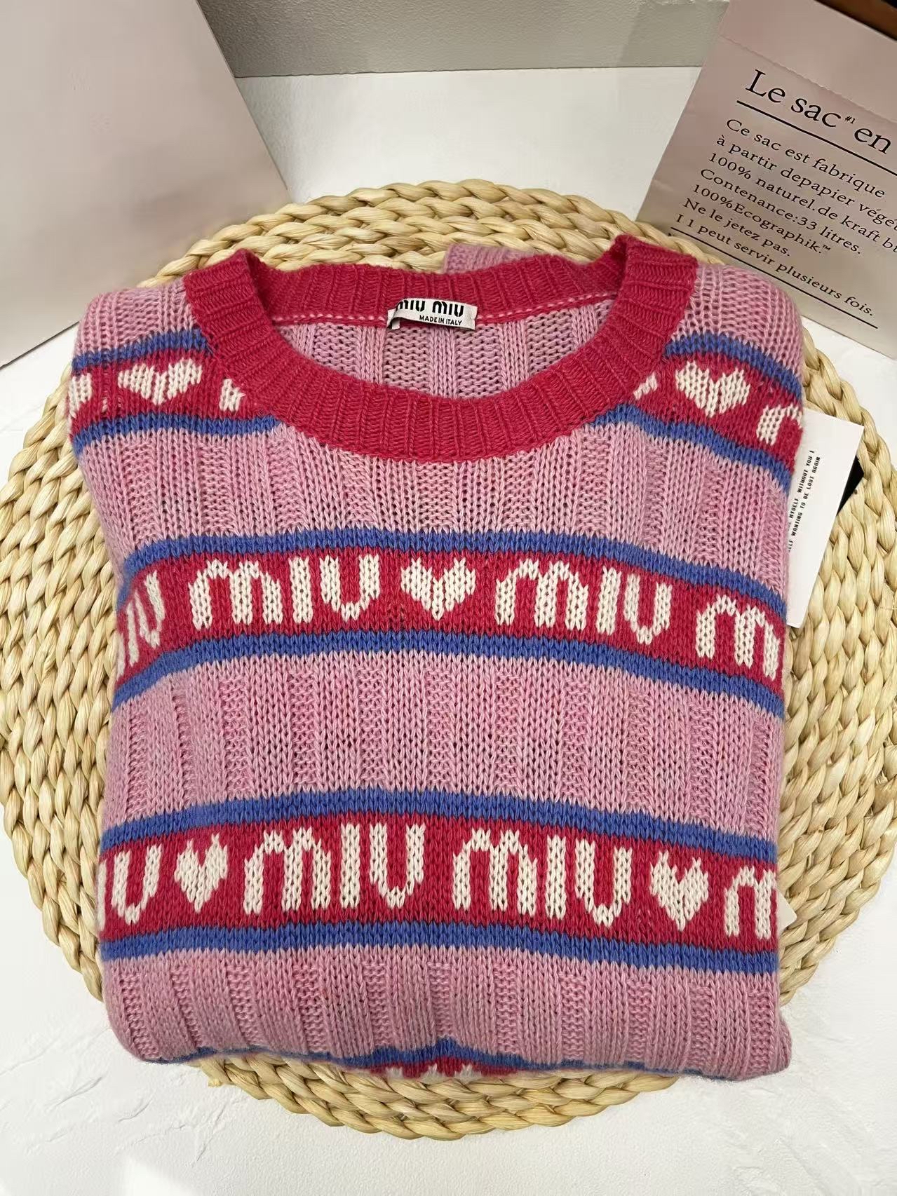 Miu Miu Logo Heart Striped Knit Sweater（100% Wool)