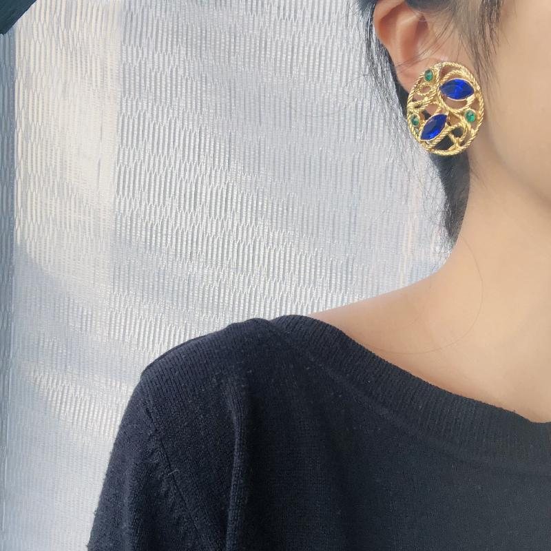 1980s Blue & Green Glass Stone Motif Pattern Statement Clip Earrings（MT1877-2）