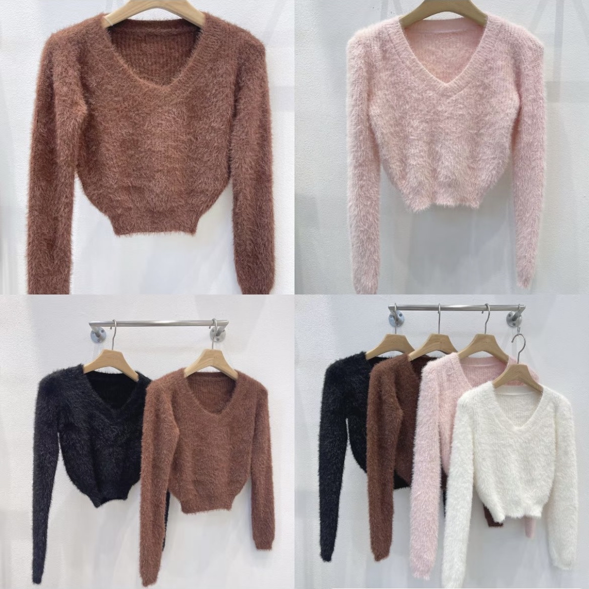 韓國短款v領珊瑚絨上衣