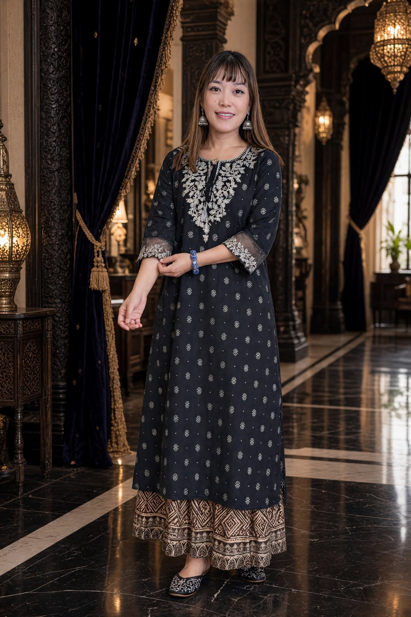 3574 Black Lace Mid Sleeve Kurta