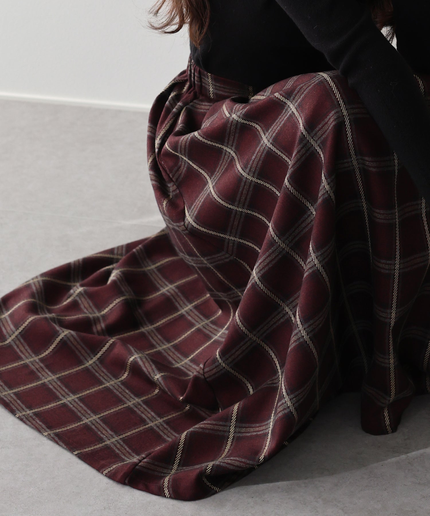 <限量現貨> <JP>復古格紋褶皺中長裙* wine