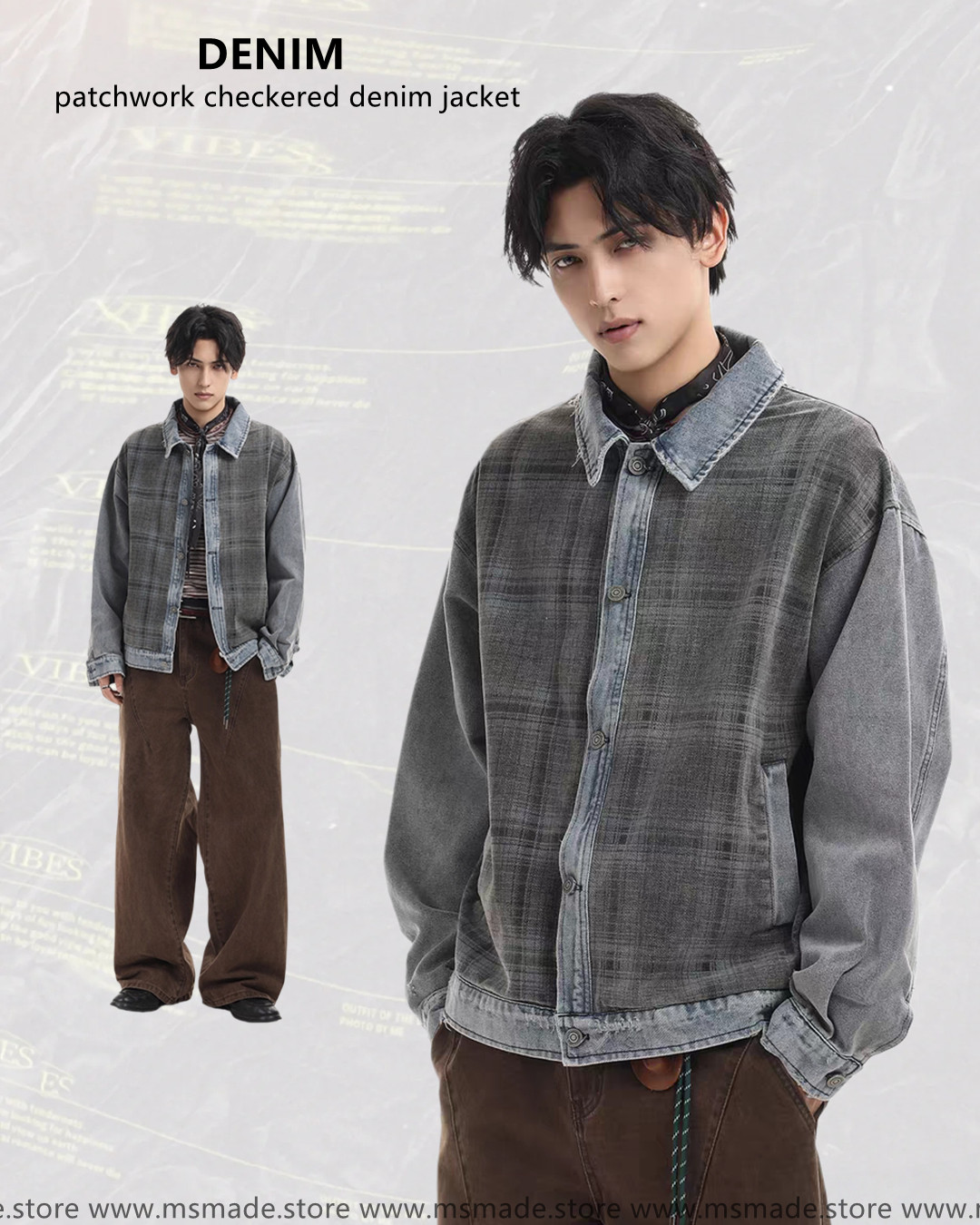 M2622格紋拼接水洗牛仔外套