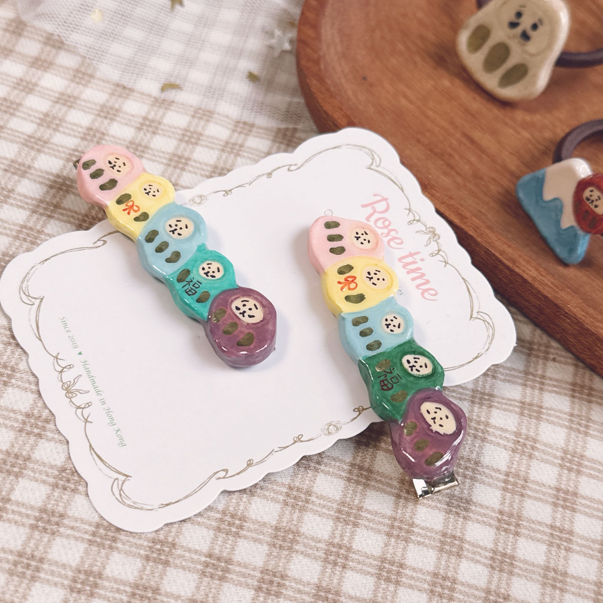 手繪五福達摩髮夾 （新-糖果色）