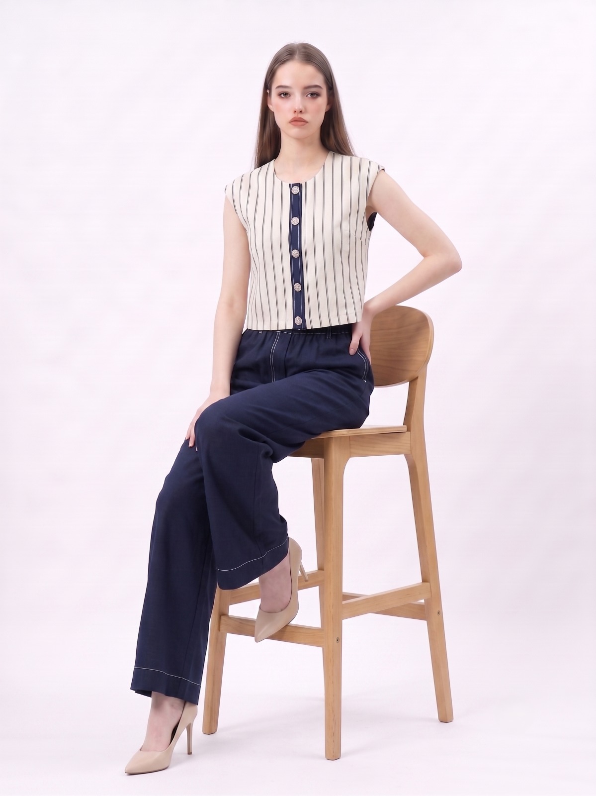 E8259BB Mila Striped Button Detail Crop Top