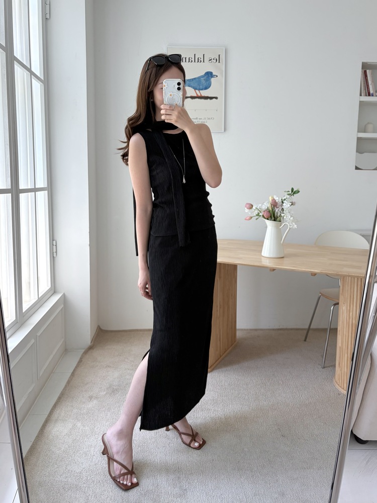 Summer Pleated Scarf Set (Black)