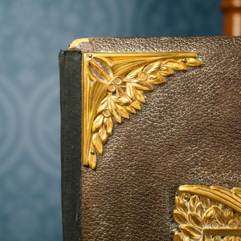 Rare Antique Signed 1904 Brown Leather Cover with Bird Embellishment Photo Album Book (MX014)