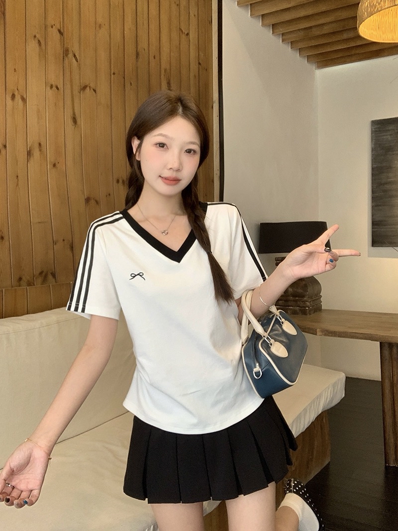 B445(36968) 美式撞色V领肩袖条纹蝴蝶结印花5色上衣
