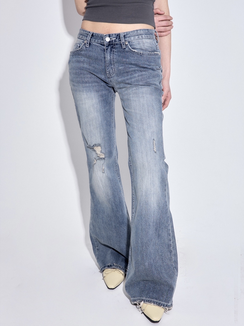 Low-Rise Distressed Bootcut Denim