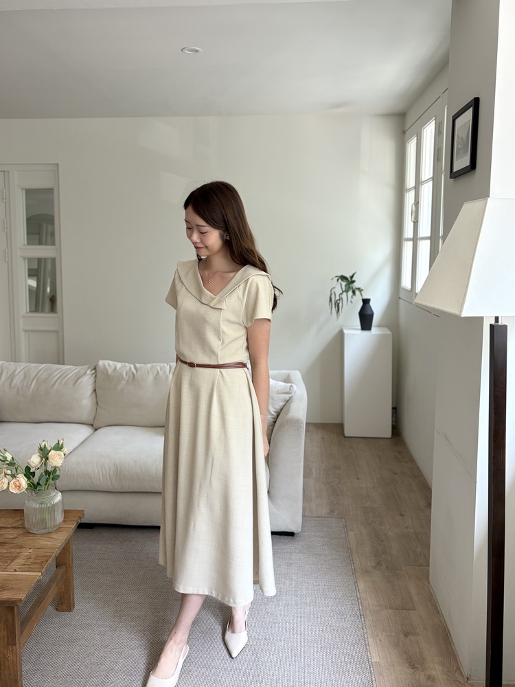 Sailor Collar Belted Dress (Beige)