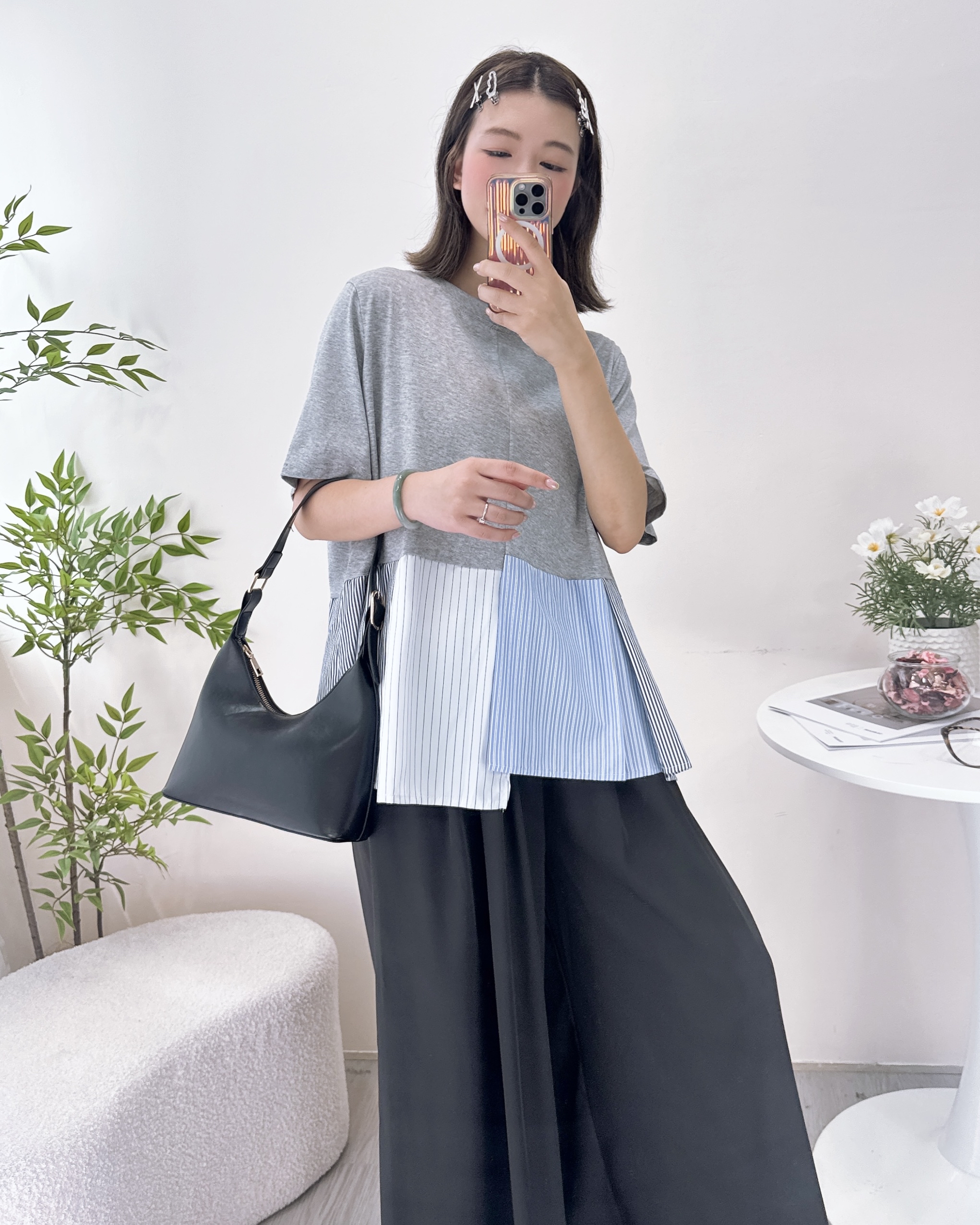 顯瘦拼摺條子布上衣 3色