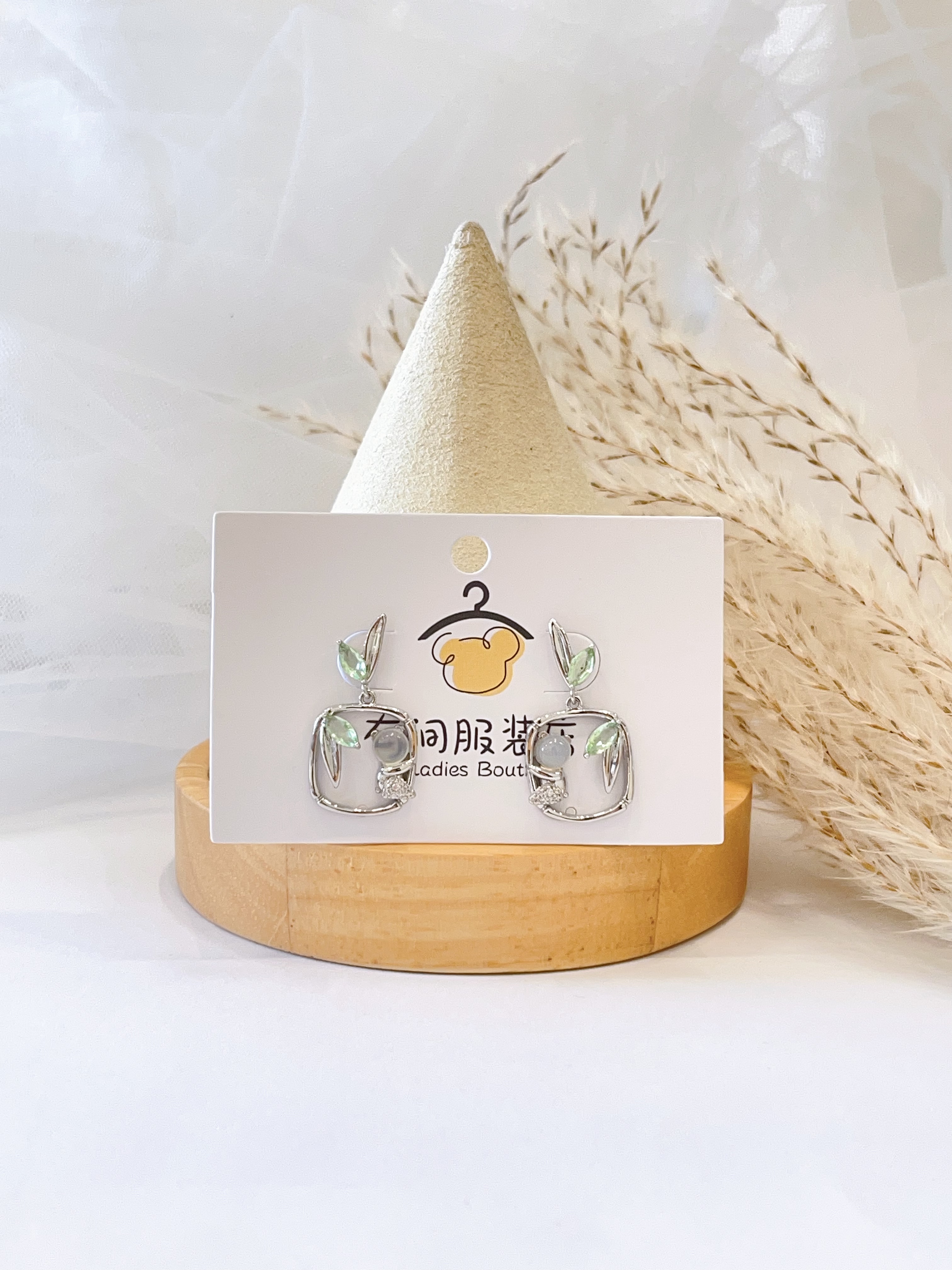 新中式绿色系竹叶方形耳环