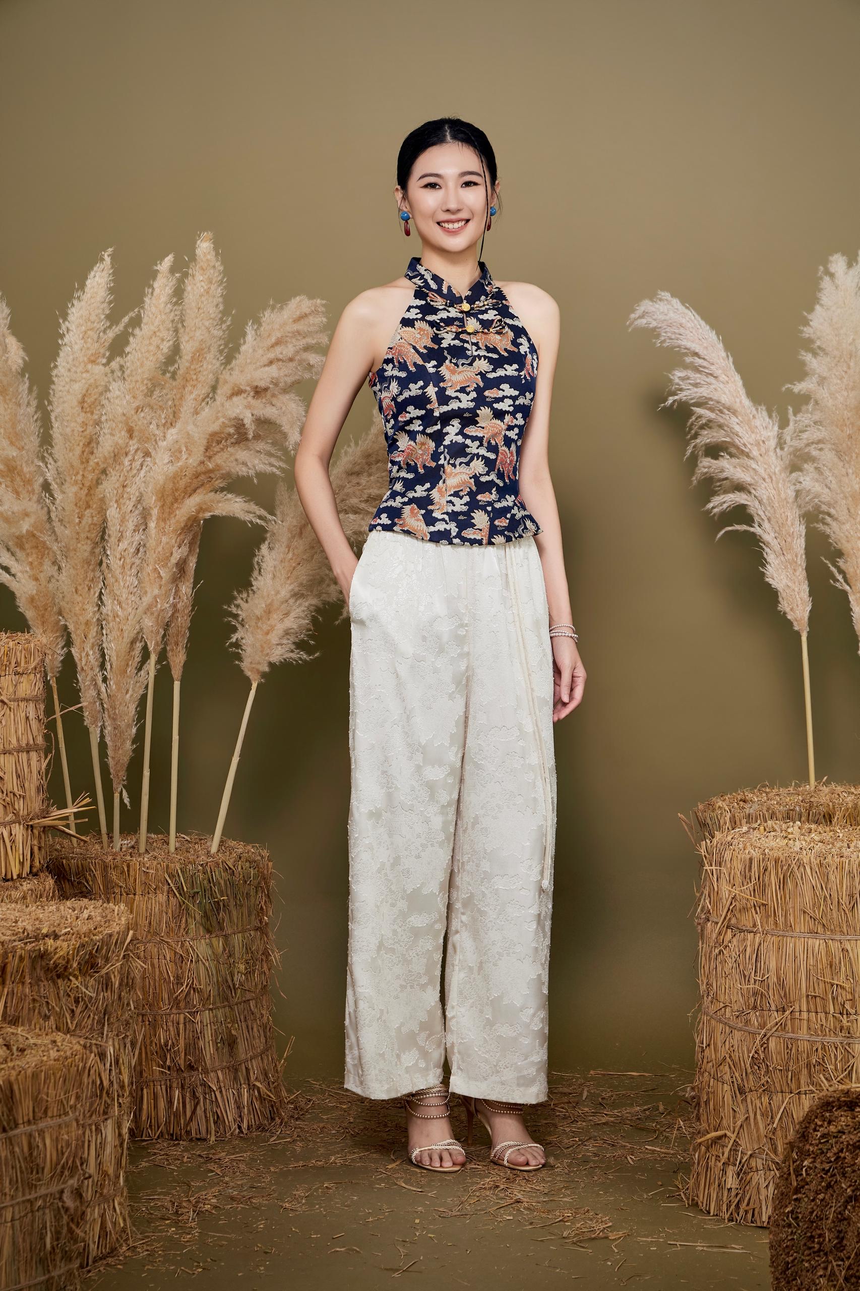 CB2790 Oriental Brocade Halter Peplum Top