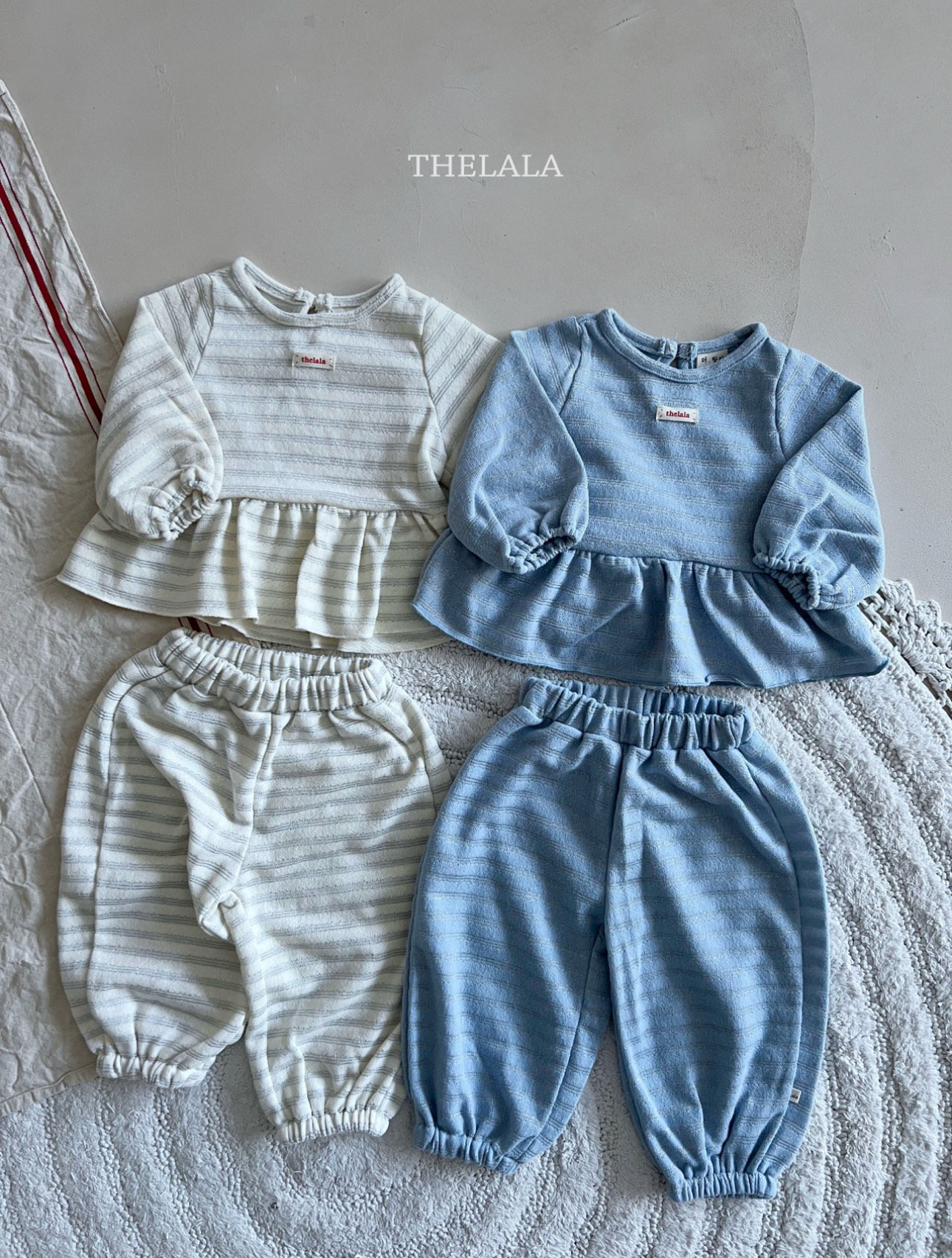 🌸預訂 韓國直送🌸🇰🇷THELALA兩色標籤閃亮條紋荷葉邊上下套裝