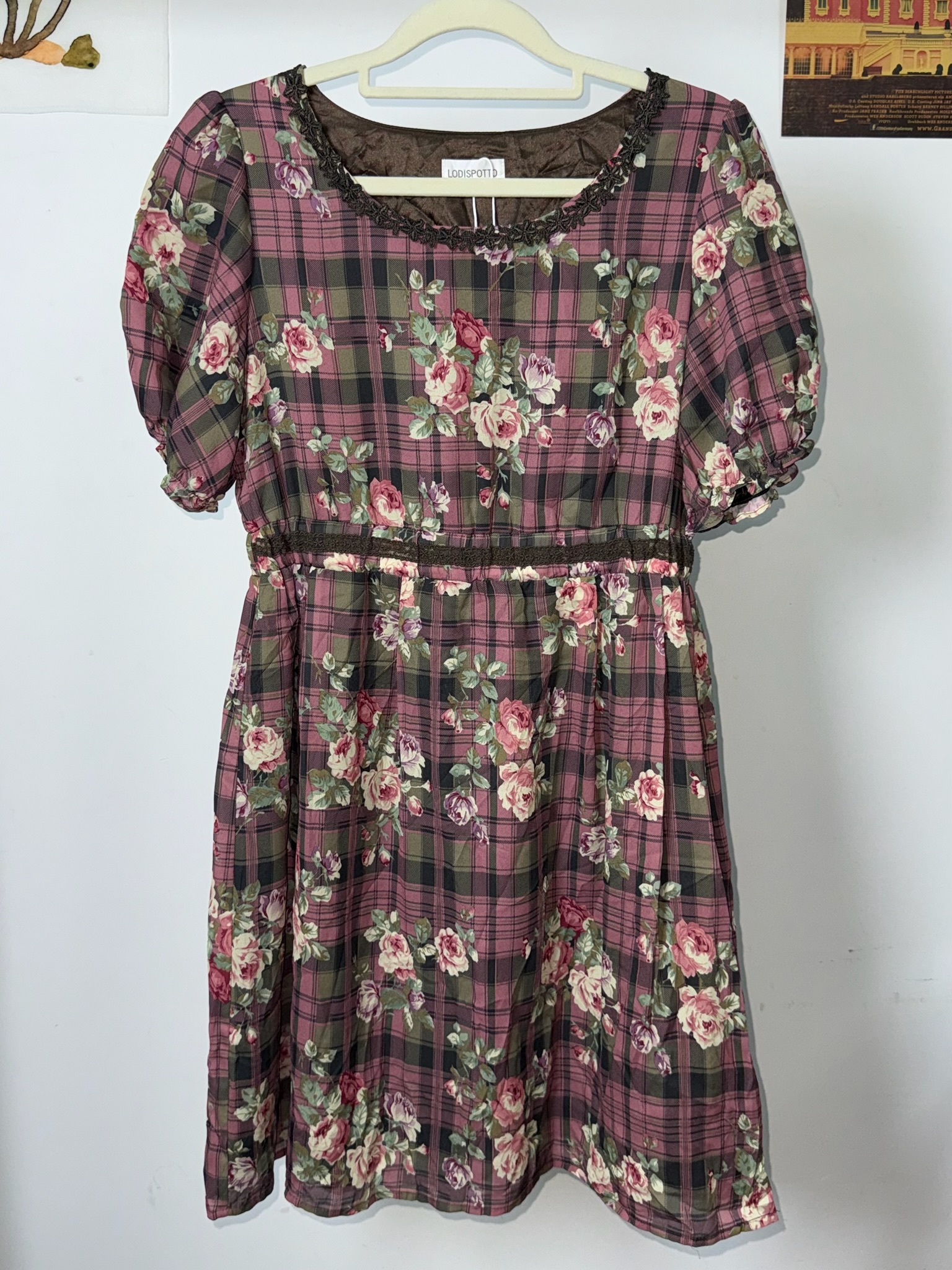 Vintage Tartan Plaid & Rose Print Puff Sleeve Dress
