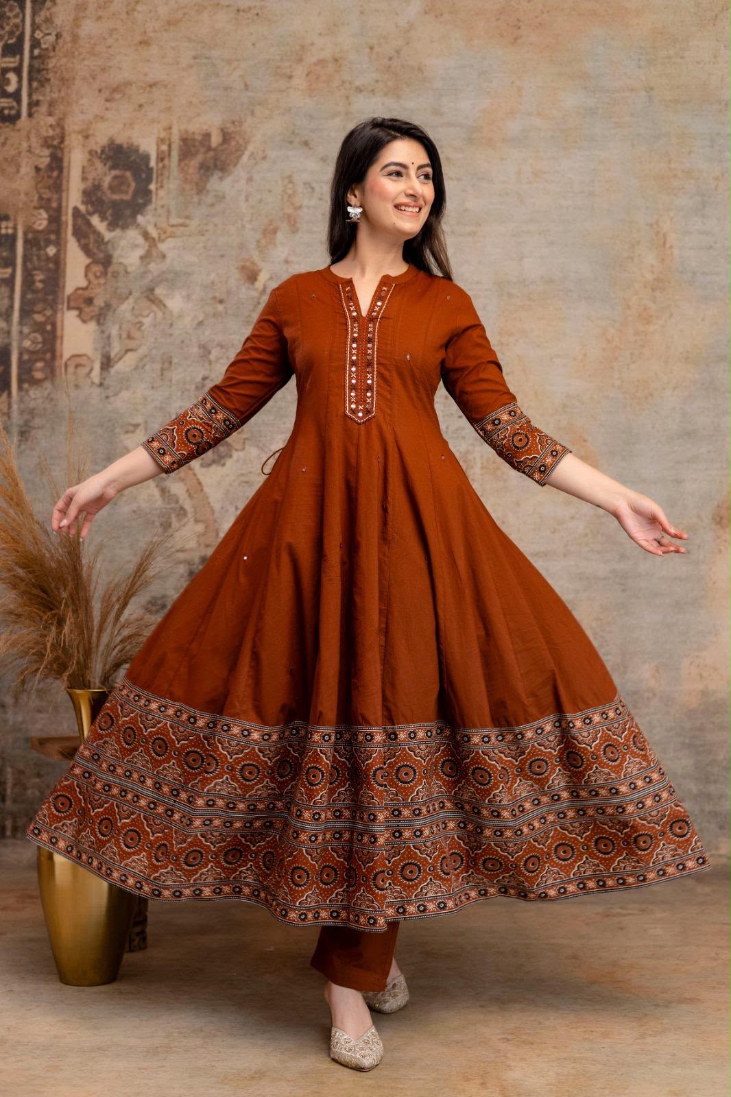 Earthy Rust Orange Anarkali Kurta Set with Heavy borders