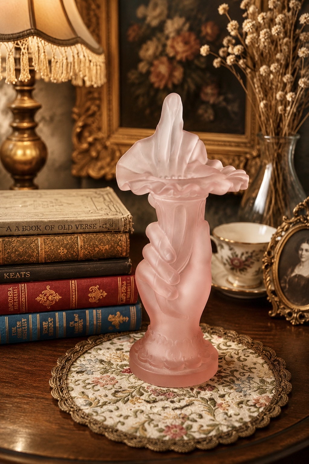 Rare! Antique 1920s Art Deco Blossom in Lady's Hand Pink Frosted Glass Vase (MT2189)