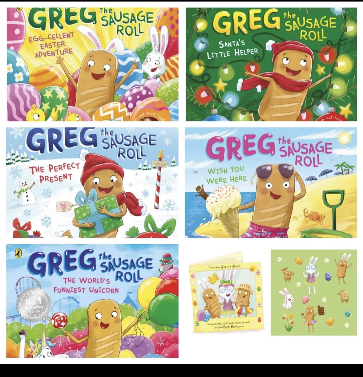 Greg GREG SAUSAGE EGG-CELLENT ROLL EASTER ADVENTURE ou aloud ‹ GREG "AUSAGE ROLL THE PERFECT PRESENT GREG SAUSAGE THE WORLD'S ROLL FUNNIEST UNICORN Noa tselling Series GREG SAUSAGE SANTA'S ROLL LITTLE HELPER h-out-loues GREG SAUSAGE ROLL WISH YOU WERE HERE Thank you Girag and Girial Tanutk maly DOES asle ou true woll Lou fron Easter Burn nap