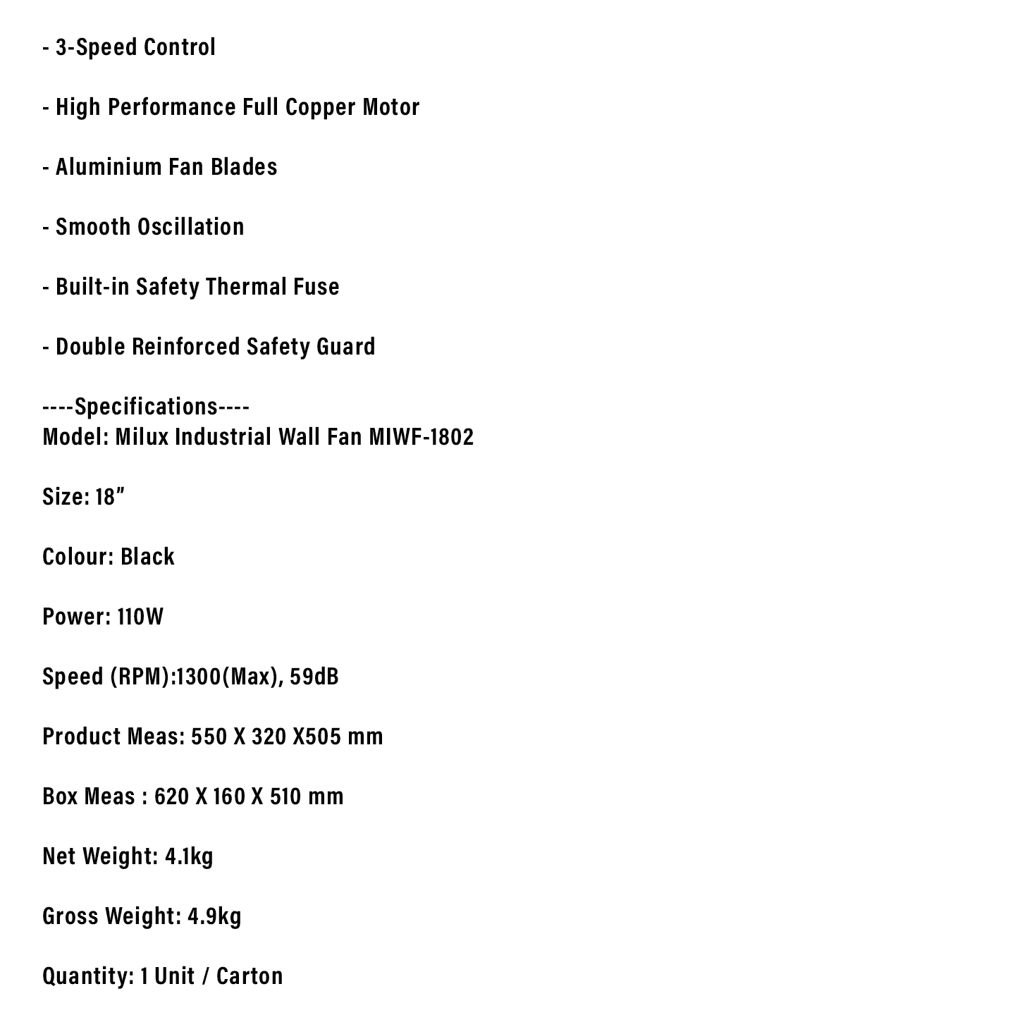 Milux 18" Industrial Wall Fan (MIWF-1802)