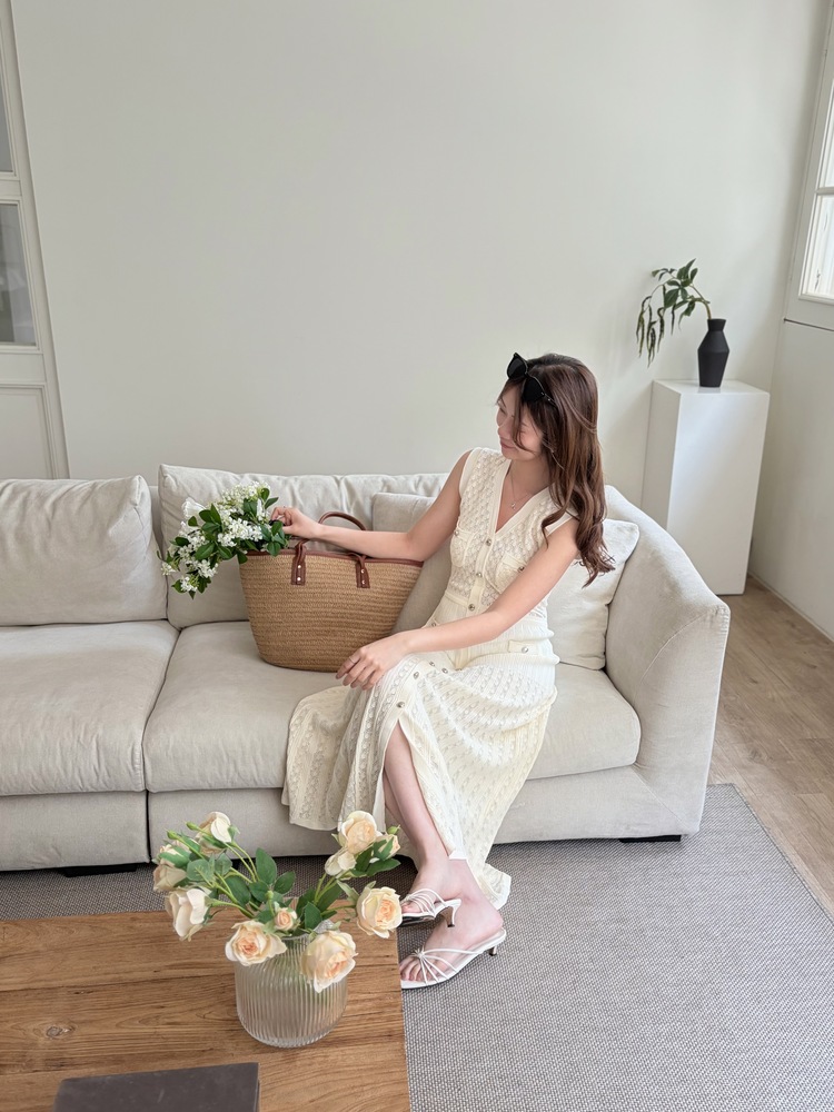 Buttoned Crochet Knit Dress (Ivory)