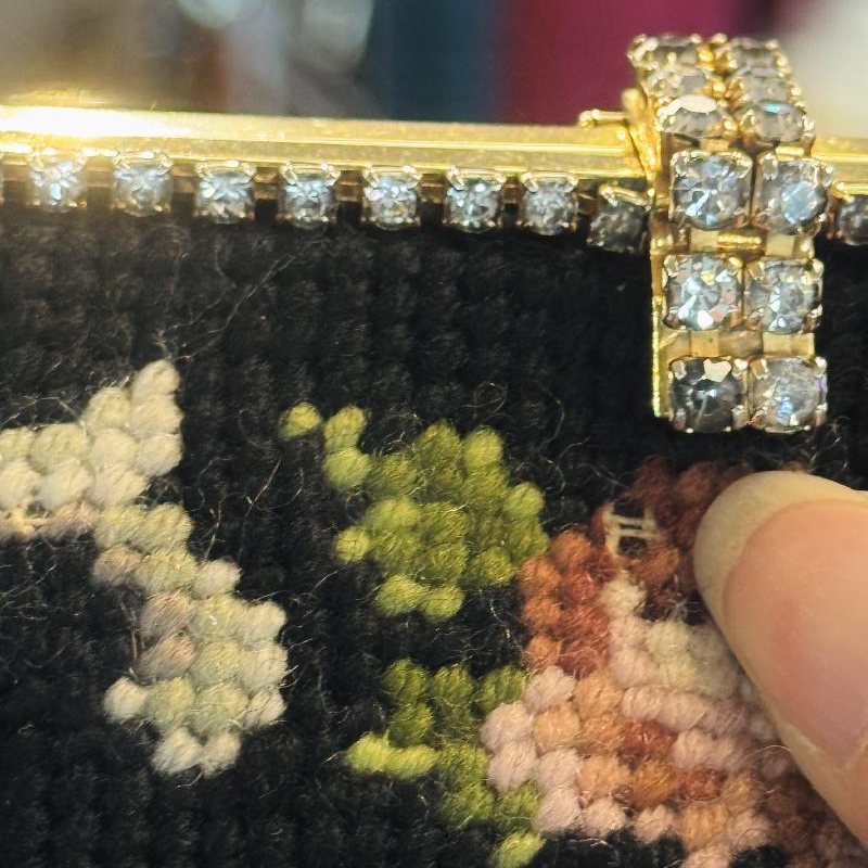 Rare! Courting Couple Needlepoint with Rhinestone Frame Handbag - Missing 2 stitches (MT2505)
